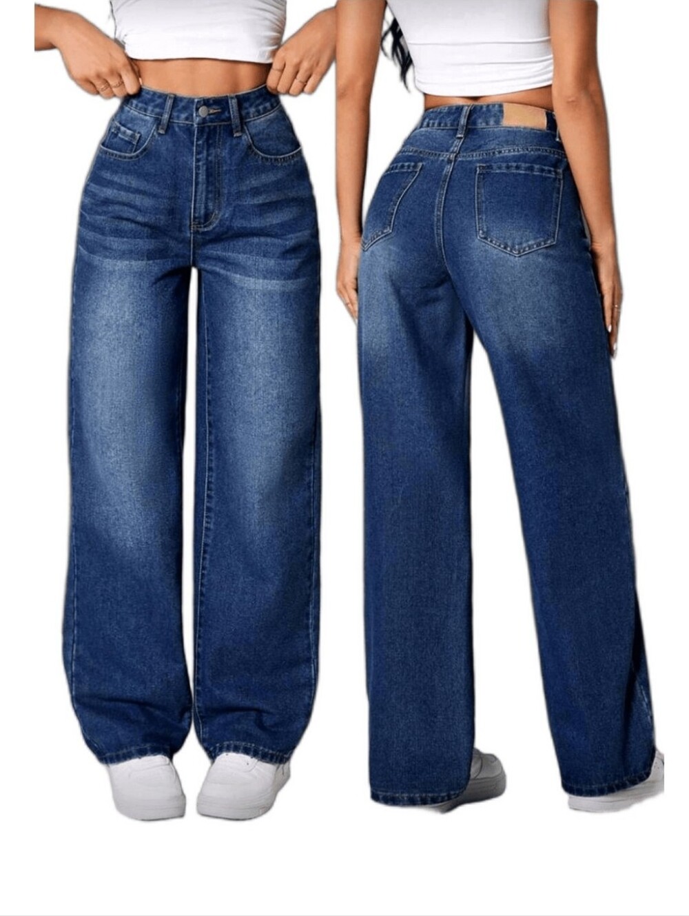 SHEIN Dark Blue High-Waist Wide-Leg Jeans